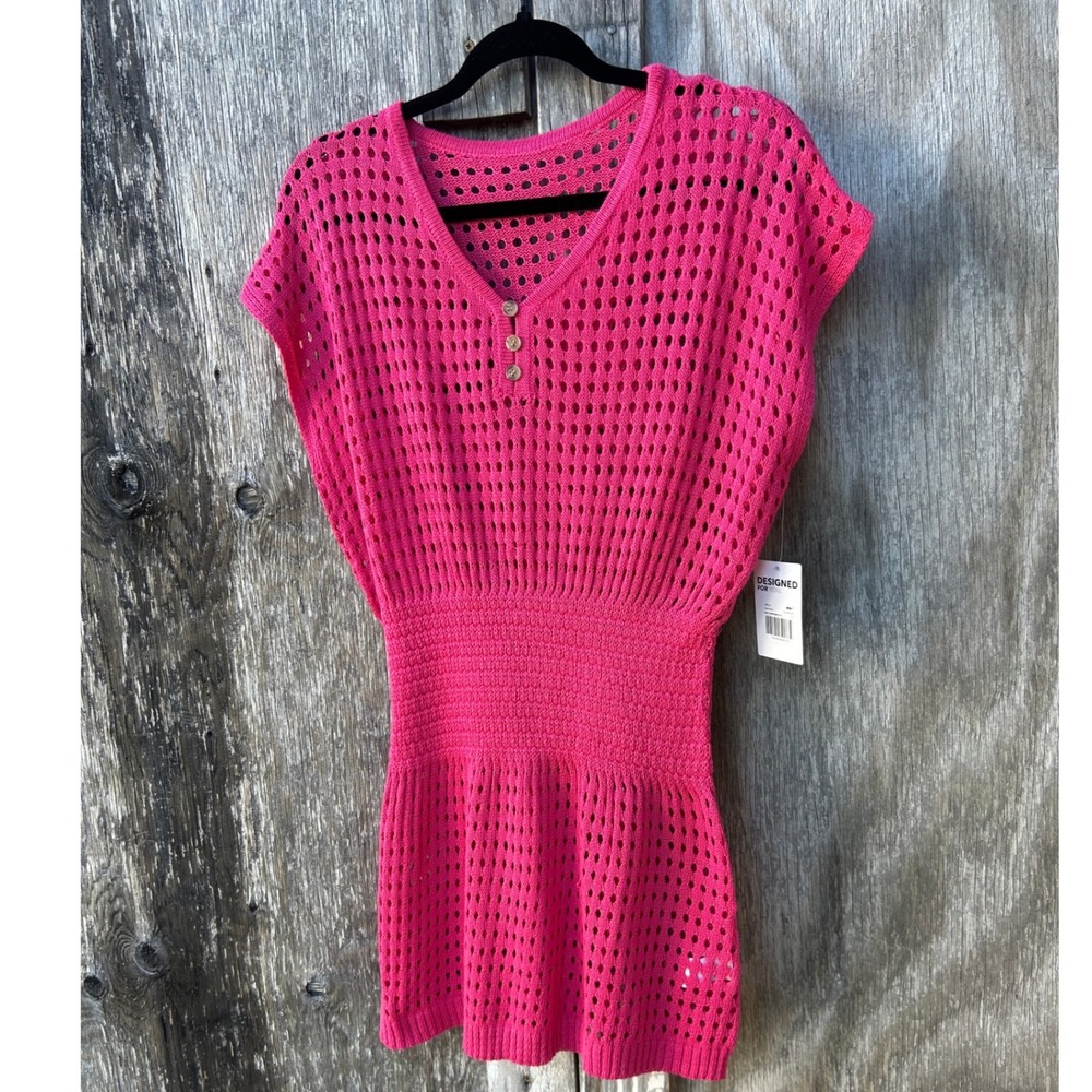 Cupshe Hot Pink Crochet Knit Swim Cover Up Dress Henley VNeck Small Beach Resort
